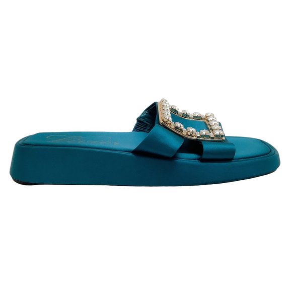 Roger Vivier Teal Satin With Strass Buckle Sandals - Picture 2 of 6